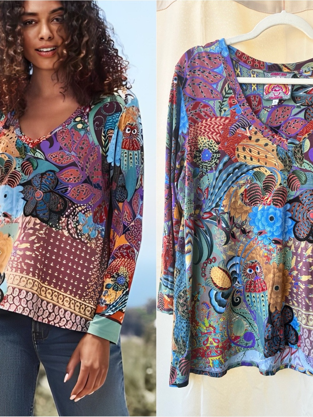 Johnny Was XL Madison Favorite V Neck Swing Tee Owl Print